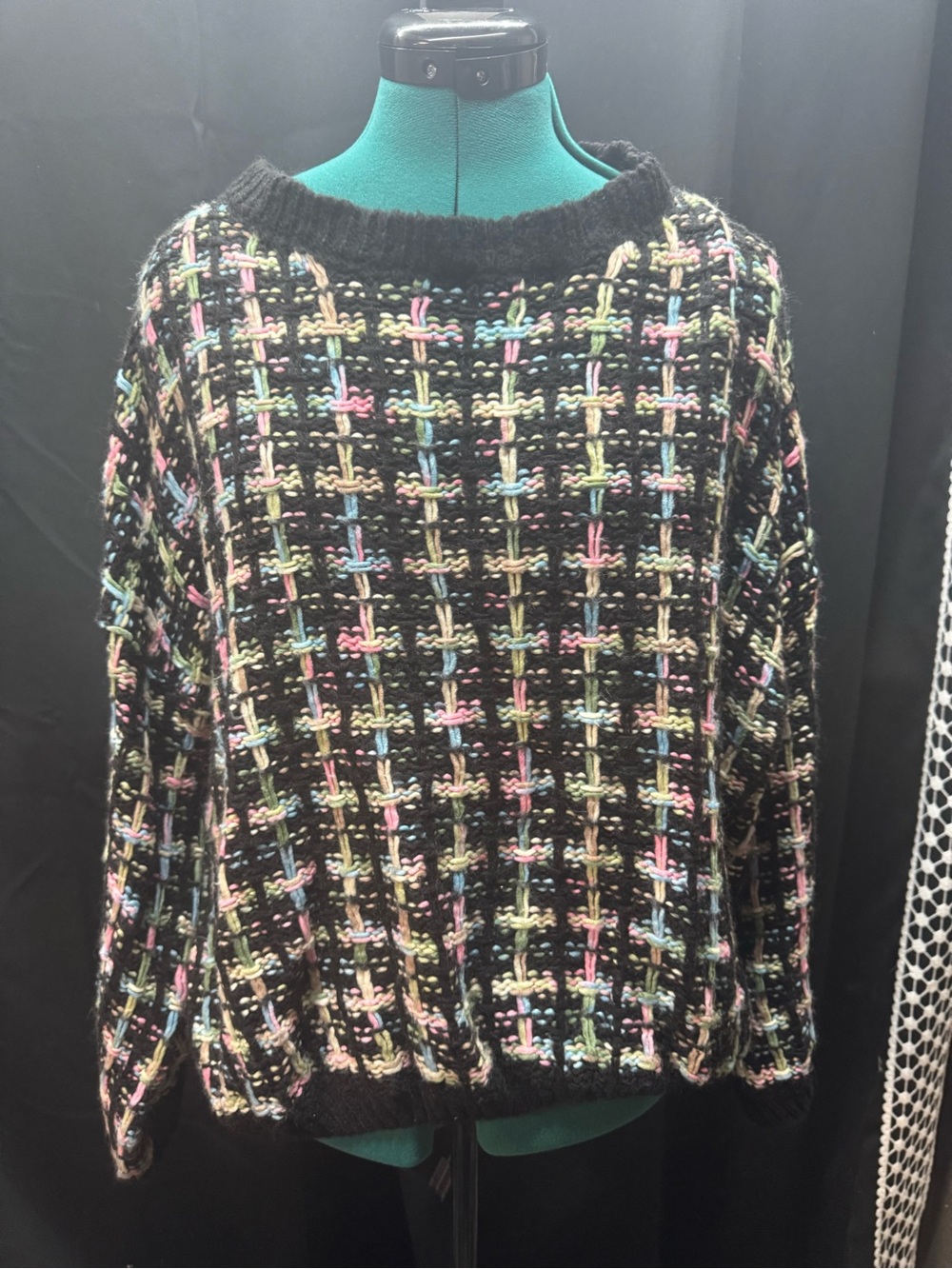 Pink Lily Black Multicolor Check Crewneck Sweater